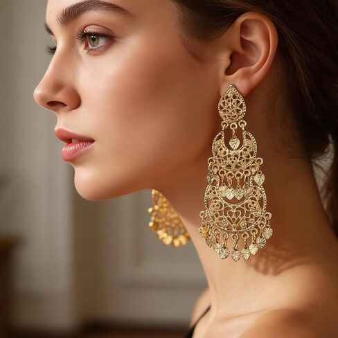 Boho Earrings for Women, Silver Moroccan Style Hollow Moon Rhinestone Jewelry and Earrings for Women, Trendy Arabic Heart Design for Weddings and Daily Wear in Saudi Arabia