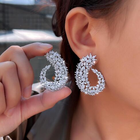 Big Wedding Bridal Party Earrings For Women Symmetrical Statement Chunky Cubic Zirconia Paved Silver Plated Luxury Pageant Jewelry in Saudi Arabia