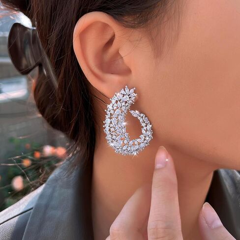Big Wedding Bridal Party Earrings For Women Symmetrical Statement Chunky Cubic Zirconia Paved Silver Plated Luxury Pageant Jewelry in Saudi Arabia