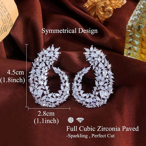 Big Wedding Bridal Party Earrings For Women Symmetrical Statement Chunky Cubic Zirconia Paved Silver Plated Luxury Pageant Jewelry in Saudi Arabia