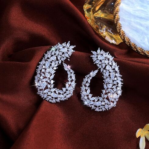 Big Wedding Bridal Party Earrings For Women Symmetrical Statement Chunky Cubic Zirconia Paved Silver Plated Luxury Pageant Jewelry in Saudi Arabia