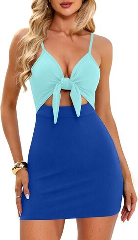 oten Women's Sexy Cut Out Tie Front Bodycon Adjustable Spaghetti Straps Ribbed Party Club Mini Dresses in Saudi Arabia