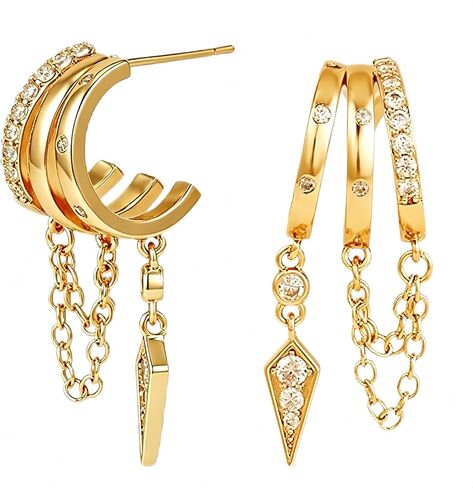 14K Gold Plated Triple Hoop Dangle Earrings for Women, CZ Crystal Layered Drop Huggie Earrings, Hypoallergenic Spike Chain Tassel Dangling Jewelry in Saudi Arabia