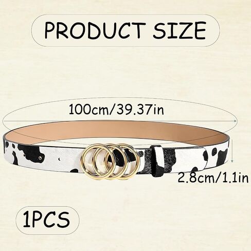 Cow Print Belt, Cowhide Belt with Three-Ring Snap Closure, 2.8cm Wide Animal Print Fashion Accessory, White Base with Black Cows Pattern Design, Adjustable Western Style Belts in Saudi Arabia