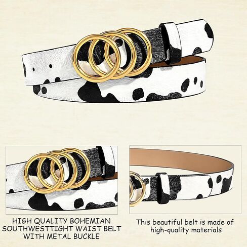 Cow Print Belt, Cowhide Belt with Three-Ring Snap Closure, 2.8cm Wide Animal Print Fashion Accessory, White Base with Black Cows Pattern Design, Adjustable Western Style Belts in Saudi Arabia