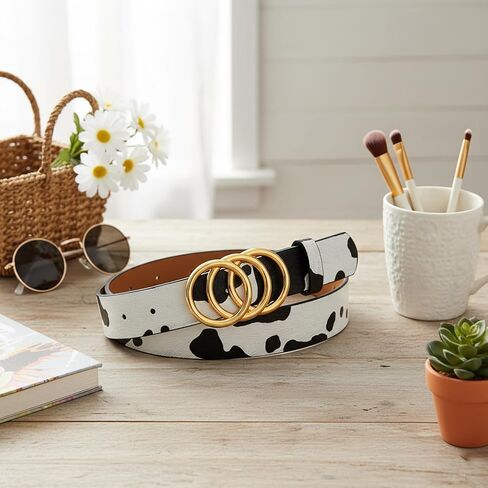 Cow Print Belt, Cowhide Belt with Three-Ring Snap Closure, 2.8cm Wide Animal Print Fashion Accessory, White Base with Black Cows Pattern Design, Adjustable Western Style Belts in Saudi Arabia