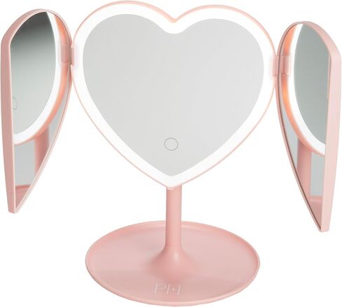 Paris Hilton Heart Makeup Vanity Mirror, LED Light with Touch Control, 180° Rotation, Tri-Fold Design, Tray Stand for Accessories, Pink in Saudi Arabia