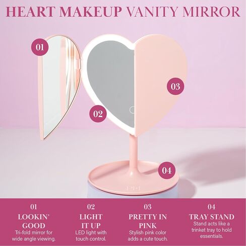 Paris Hilton Heart Makeup Vanity Mirror, LED Light with Touch Control, 180° Rotation, Tri-Fold Design, Tray Stand for Accessories, Pink in Saudi Arabia