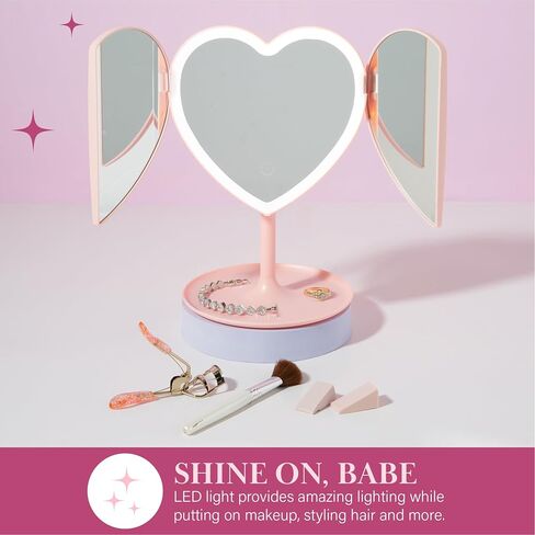 Paris Hilton Heart Makeup Vanity Mirror, LED Light with Touch Control, 180° Rotation, Tri-Fold Design, Tray Stand for Accessories, Pink in Saudi Arabia