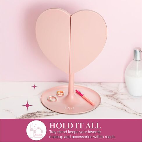 Paris Hilton Heart Makeup Vanity Mirror, LED Light with Touch Control, 180° Rotation, Tri-Fold Design, Tray Stand for Accessories, Pink in Saudi Arabia