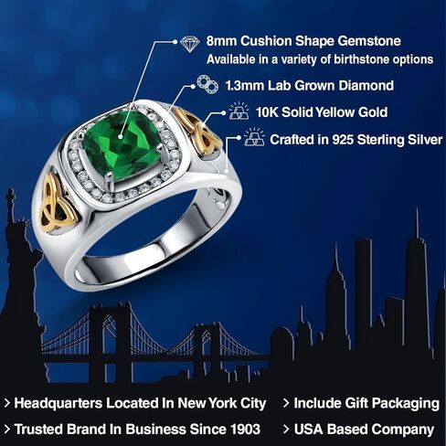Gem Stone King 8MM Cushion Cut Ring for Men | Gemstone Birthstone and Lab Grown Diamond | 925 Sterling Silver & 10K Yellow Gold | Available in Sizes 7-13 in Saudi Arabia