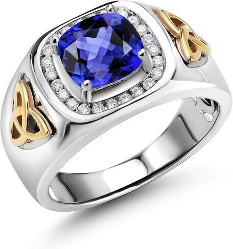 Gem Stone King 8MM Cushion Cut Ring for Men | Gemstone Birthstone and Lab Grown Diamond | 925 Sterling Silver & 10K Yellow Gold | Available in Sizes 7-13 in Saudi Arabia