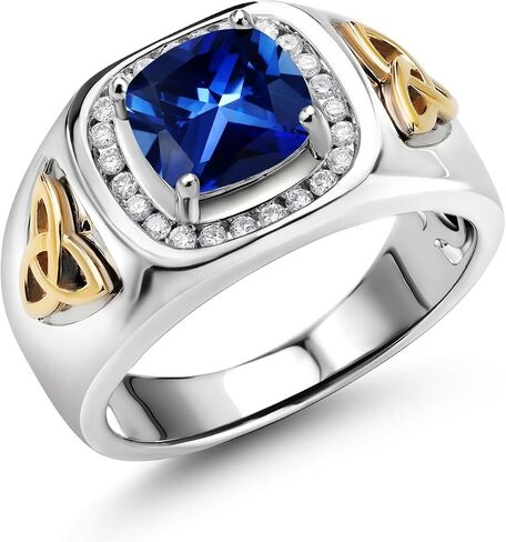 Gem Stone King 8MM Cushion Cut Ring for Men | Gemstone Birthstone and Lab Grown Diamond | 925 Sterling Silver & 10K Yellow Gold | Available in Sizes 7-13 in Saudi Arabia