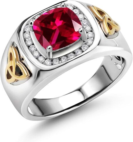 Gem Stone King 8MM Cushion Cut Ring for Men | Gemstone Birthstone and Lab Grown Diamond | 925 Sterling Silver & 10K Yellow Gold | Available in Sizes 7-13 in Saudi Arabia