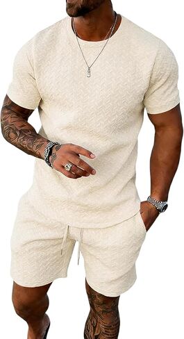UOUA Mens Summer Outfits 2 Piece Short Set Casual Track Suits Matching Crew Neck Shirt and Vacation Shorts in Saudi Arabia