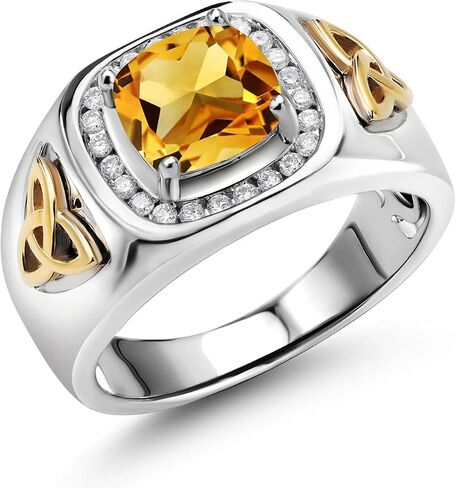 Gem Stone King 8MM Cushion Cut Ring for Men | Gemstone Birthstone and Lab Grown Diamond | 925 Sterling Silver & 10K Yellow Gold | Available in Sizes 7-13 in Saudi Arabia