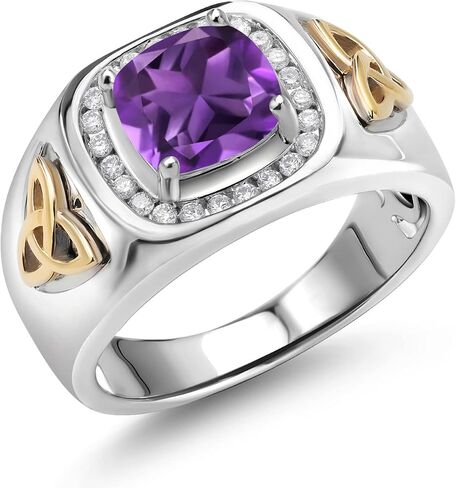 Gem Stone King 8MM Cushion Cut Ring for Men | Gemstone Birthstone and Lab Grown Diamond | 925 Sterling Silver & 10K Yellow Gold | Available in Sizes 7-13 in Saudi Arabia