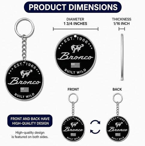 Detroit Shirt Company Ford Bronco Vintage Round Metal Keychain | Built Wild Script Logo Est. 1966 | Gift for Bronco Fans | Licensed in Kuwait