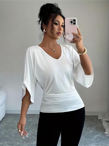 Women's V Neck Ruched Blouse Sleeve Tops Casual Loose Fit Tunic Shirts for Office Daily Wear in Kuwait