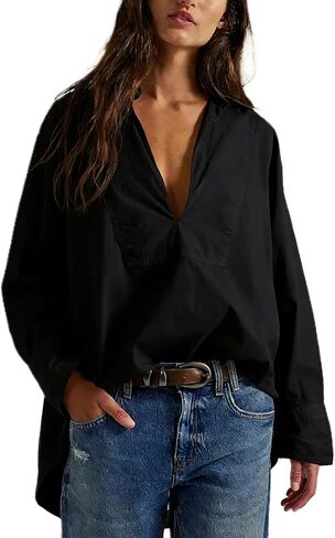 Women's V Neck Blouses Casual Long Sleeve Shirt Tops Loose Fashion Cotton Summer Blouses Pullover Tunic Tops in Saudi Arabia