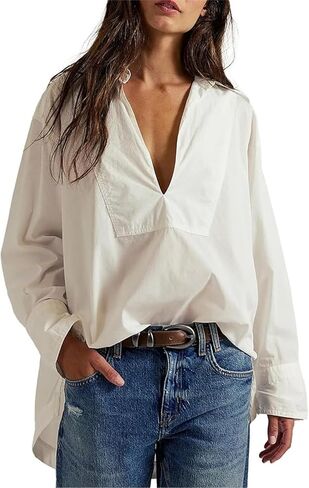 Women's V Neck Blouses Casual Long Sleeve Shirt Tops Loose Fashion Cotton Summer Blouses Pullover Tunic Tops in Saudi Arabia