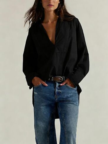 Women's V Neck Blouses Casual Long Sleeve Shirt Tops Loose Fashion Cotton Summer Blouses Pullover Tunic Tops in Saudi Arabia