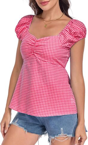 Womens Plaid Ruffle Cap Sleeve Crop Tops Deep Square Neck Babydoll Tops Summer Casual Shirt in Saudi Arabia