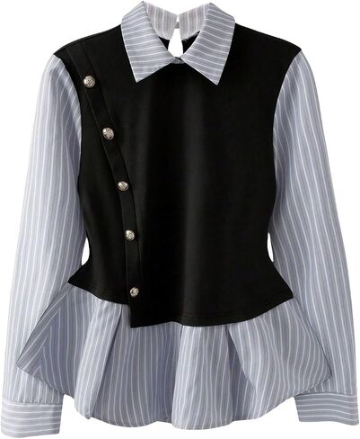 GORGLITTER Women's Peplum Baby Doll Tops Casual 2 in 1 Striped Ruffle Hem Long Sleeve Collared Shirts Dress Blouse Top in Kuwait