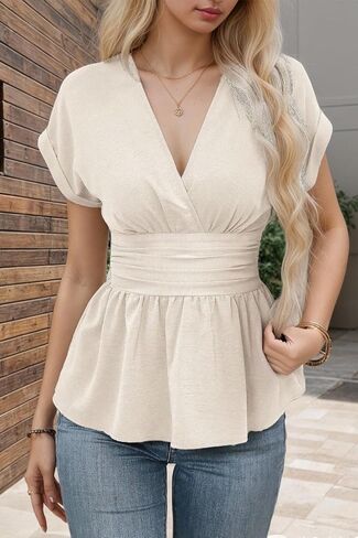 Chvity Women's Elegant Peplum Tops Wrap V Neck Cap Sleeve Stretchy Ruched Ruffle Dressy Casual Summer Blouses Shirts in Saudi Arabia