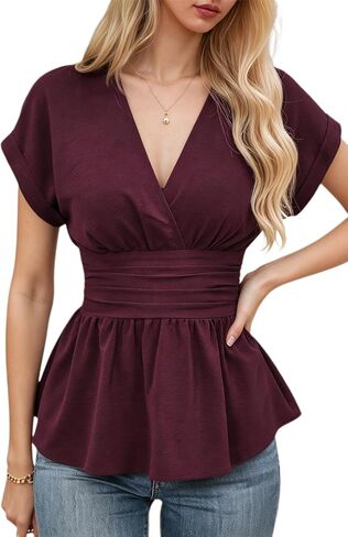 Chvity Women's Elegant Peplum Tops Wrap V Neck Cap Sleeve Stretchy Ruched Ruffle Dressy Casual Summer Blouses Shirts in Saudi Arabia