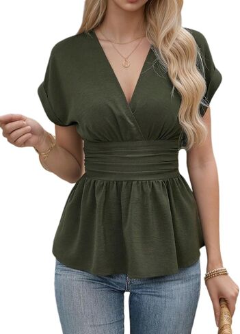 Chvity Women's Elegant Peplum Tops Wrap V Neck Cap Sleeve Stretchy Ruched Ruffle Dressy Casual Summer Blouses Shirts in Saudi Arabia