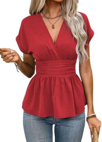 Chvity Women's Elegant Peplum Tops Wrap V Neck Cap Sleeve Stretchy Ruched Ruffle Dressy Casual Summer Blouses Shirts in Saudi Arabia