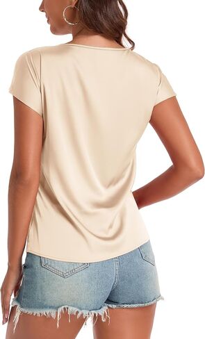 Wantschun Womens Silk Satin Shirt Cap Short Sleeve Blouse Basic V-Neck Summer Business Casual Tops in Saudi Arabia