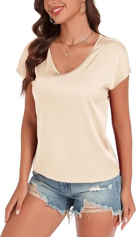 Wantschun Womens Silk Satin Shirt Cap Short Sleeve Blouse Basic V-Neck Summer Business Casual Tops in Saudi Arabia