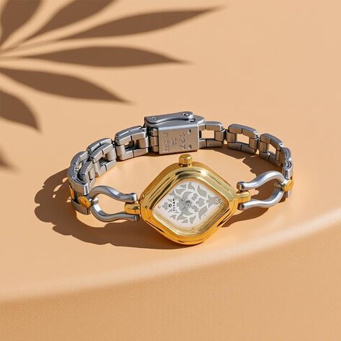 Titan Women's Diamond-Shaped Watch with Floral Motif Dial, Two-Tone Silver & Gold Strap, Elegant Minimalist Design for Weddings, Occasions & Gifting in Kuwait