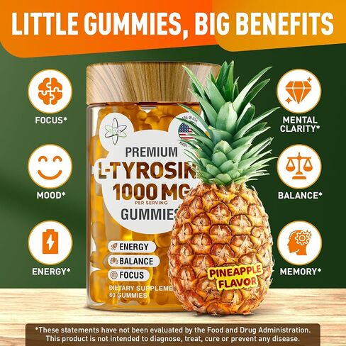 علكات BioVit L Tyrosine - مكمل الأحماض الأمينية المنشط L Tyrosine - التركيز الطبيعي، مكمل المزاج والطاقة للأطفال والكبار - L-Tyrosine 1000 ملغ لكل وجبة، 500 ملغ لكل علكة - 60 علكة نباتية in Kuwait
