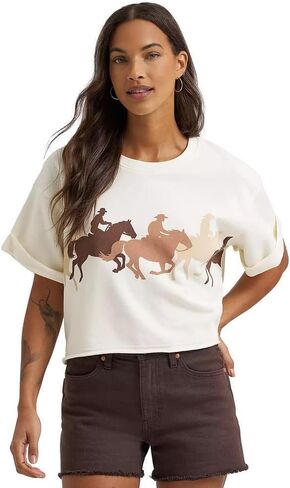 سويت شيرت نسائي بأكمام قصيرة من Wrangler طراز Retro Vintage Crew - كريمي in Kuwait