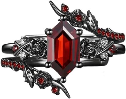 1.5 Ct Coffin/Marquise/Kite/Hexagon Cut Garnet Engagement Ring Set for Women Gothic Garnet Bridal Ring Set 925 Sterling Silver 10K 14K 18K Gold Black Gold Bridal Rings for Women in Saudi Arabia