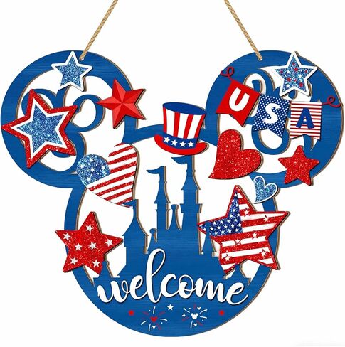 Wooden 4th of July Decorations, Patriotic Wreaths for Front Door, Independence Day Decorations Star Sign Welcome Memorial Day Hanging for Home Wall Farmhouse Indoor Outdoor Decor in Saudi Arabia