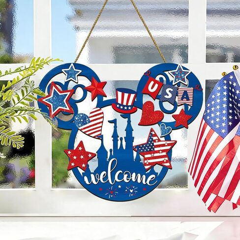Wooden 4th of July Decorations, Patriotic Wreaths for Front Door, Independence Day Decorations Star Sign Welcome Memorial Day Hanging for Home Wall Farmhouse Indoor Outdoor Decor in Saudi Arabia