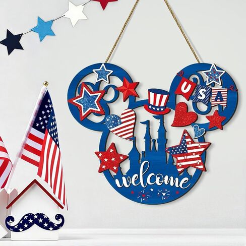 Wooden 4th of July Decorations, Patriotic Wreaths for Front Door, Independence Day Decorations Star Sign Welcome Memorial Day Hanging for Home Wall Farmhouse Indoor Outdoor Decor in Saudi Arabia
