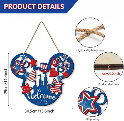 Wooden 4th of July Decorations, Patriotic Wreaths for Front Door, Independence Day Decorations Star Sign Welcome Memorial Day Hanging for Home Wall Farmhouse Indoor Outdoor Decor in Saudi Arabia