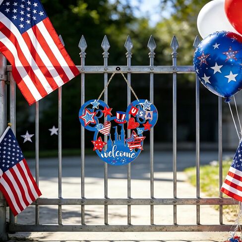 Wooden 4th of July Decorations, Patriotic Wreaths for Front Door, Independence Day Decorations Star Sign Welcome Memorial Day Hanging for Home Wall Farmhouse Indoor Outdoor Decor in Saudi Arabia