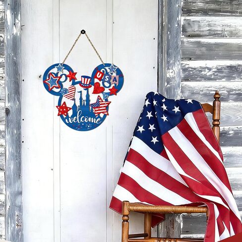 Wooden 4th of July Decorations, Patriotic Wreaths for Front Door, Independence Day Decorations Star Sign Welcome Memorial Day Hanging for Home Wall Farmhouse Indoor Outdoor Decor in Saudi Arabia