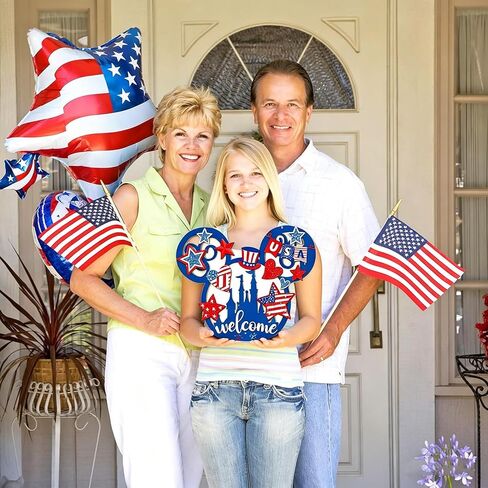Wooden 4th of July Decorations, Patriotic Wreaths for Front Door, Independence Day Decorations Star Sign Welcome Memorial Day Hanging for Home Wall Farmhouse Indoor Outdoor Decor in Saudi Arabia