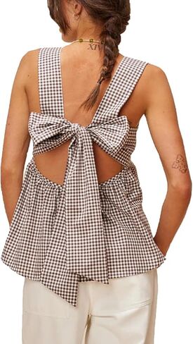 Women Y2k Going Out Tank Tops Gingham Square Neck Peplum Cami Tank Sleeveless Backless Shirt Bowtie Blouse Summer in Kuwait