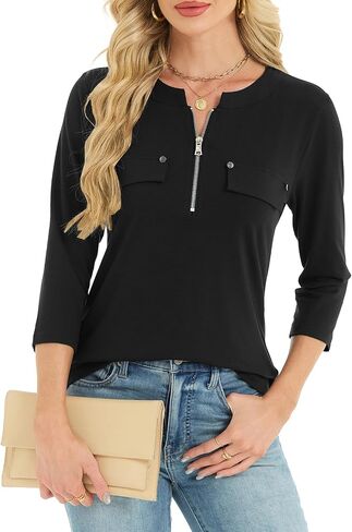 Women's 3/4 Length Sleeve Tops Business Casual Shirts V Neck Work Tunic with Zipper in Saudi Arabia