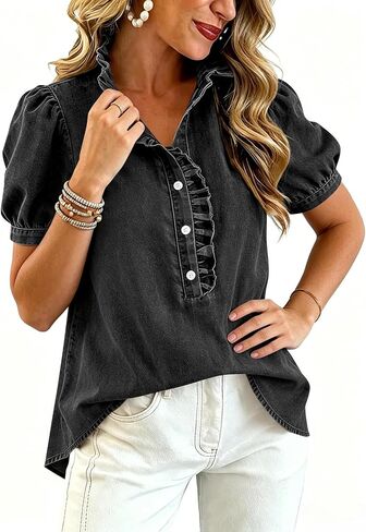 Womens Denim Shirt Summer Puff Sleeve Ruffle Denim Tops Button Down Jean Shirts Loose Dressy Casual Summer Tunic Top in Saudi Arabia