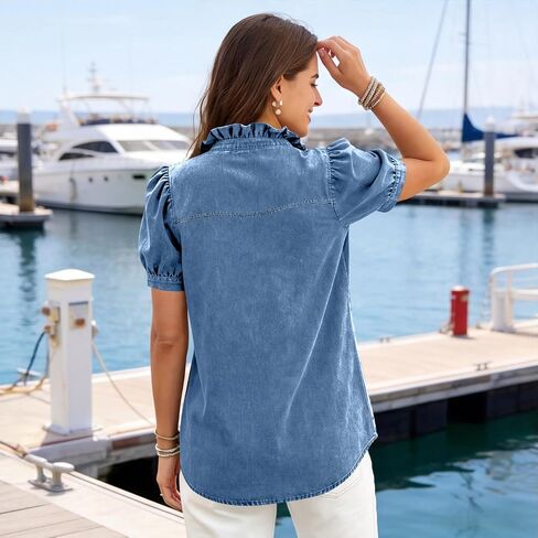 Womens Denim Shirt Summer Puff Sleeve Ruffle Denim Tops Button Down Jean Shirts Loose Dressy Casual Summer Tunic Top in Kuwait