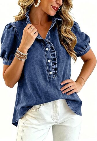 Womens Denim Shirt Summer Puff Sleeve Ruffle Denim Tops Button Down Jean Shirts Loose Dressy Casual Summer Tunic Top in Kuwait